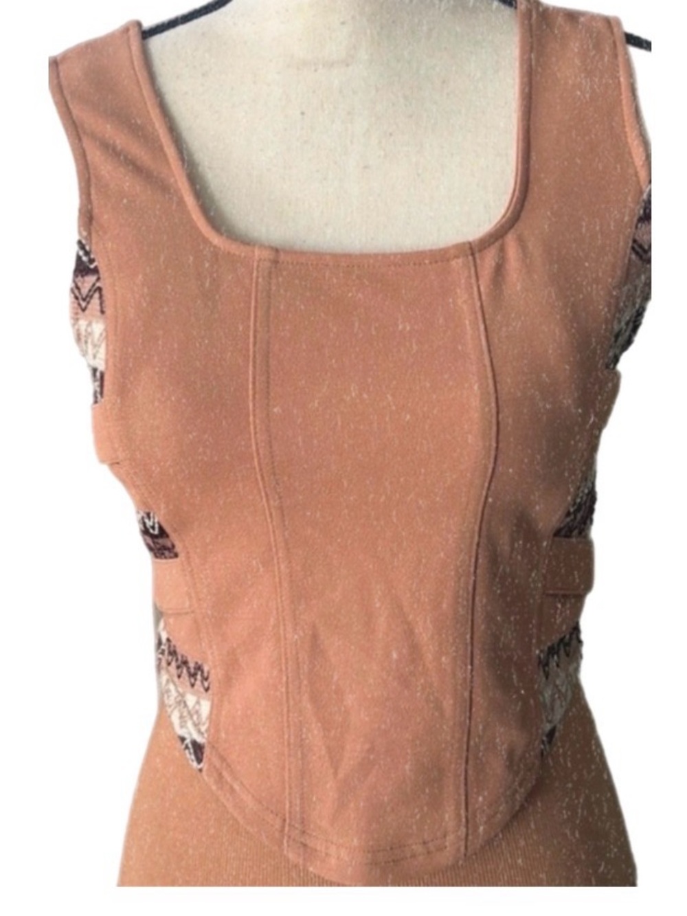 Oli & Hali Sleeveless Cutout Tank with Zigzag Knit Side Panels - Camel